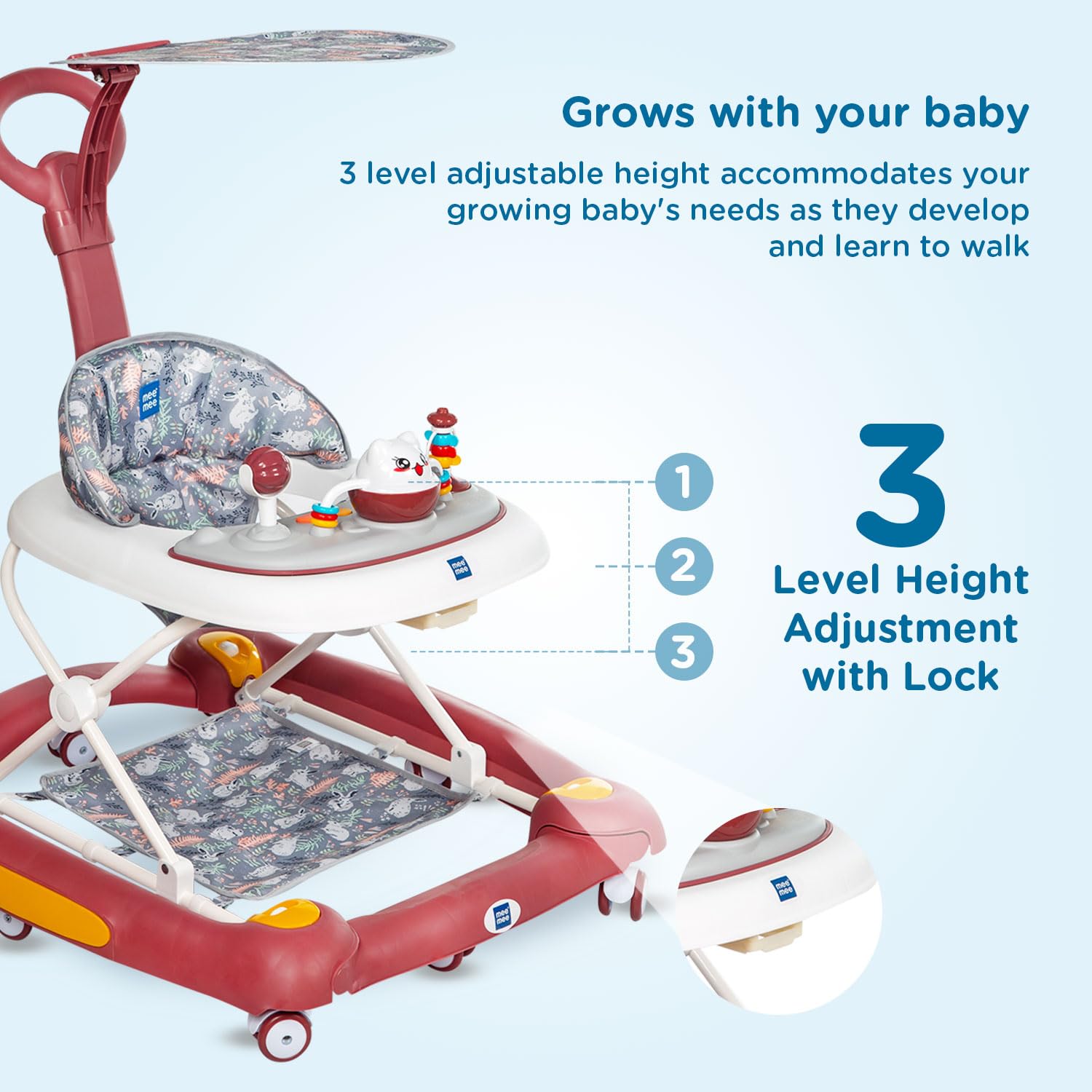 Baby walker with adjustable height feature on a light blue background